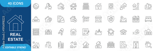 Real estate Properties icon set. Containing, Urban architecture, building, skyscraper, and etc. Outline Icon. Editable stroke.