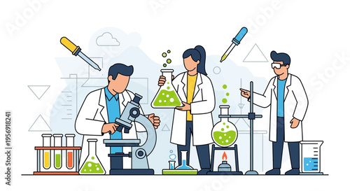 Scientists working in a laboratory with microscope, beakers, and test tubes, conducting research