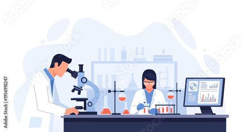 Scientists working in a modern laboratory with microscope and computer