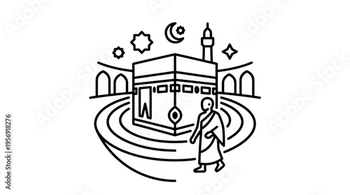 Minimalistic Line Art of Kaaba and Pilgrim