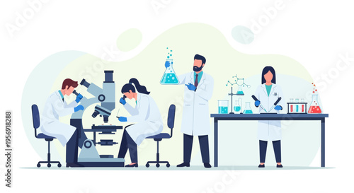 Scientists working in a modern laboratory with microscopes and chemical experiments