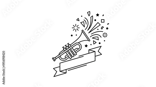 Trumpet with Confetti and Ribbon Banner Icon
