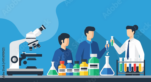 Scientists working in laboratory with microscope and test tubes, science research concept