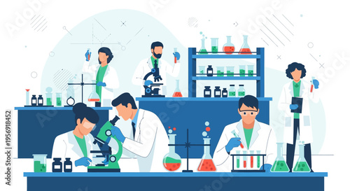 Scientists working in laboratory, conducting research, analyzing samples with microscopes and test tubes