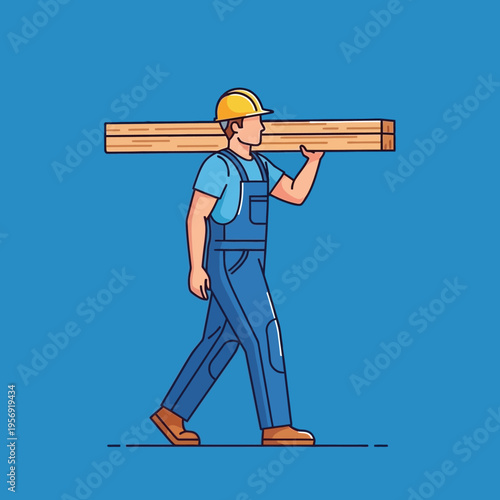 Construction worker carrying lumber on his shoulder, walking, blue background