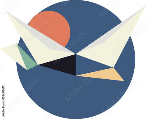 Minimalist geometric abstract illustration featuring a stylized bird silhouette formed by sharp polygons against a blue circular background