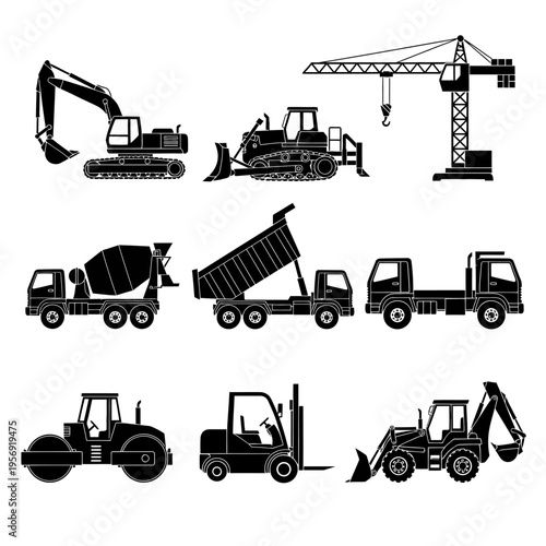 Construction Vehicles Silhouette Set: Excavator, Crane, Bulldozer, Trucks, Forklift, Roller