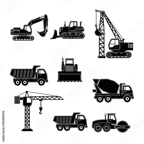 Construction Vehicles Silhouette Set: Excavator, Crane, Truck, Bulldozer, Roller, Mixer