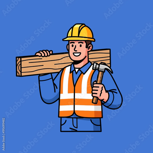 Construction worker carrying wood plank and hammer, ready for work