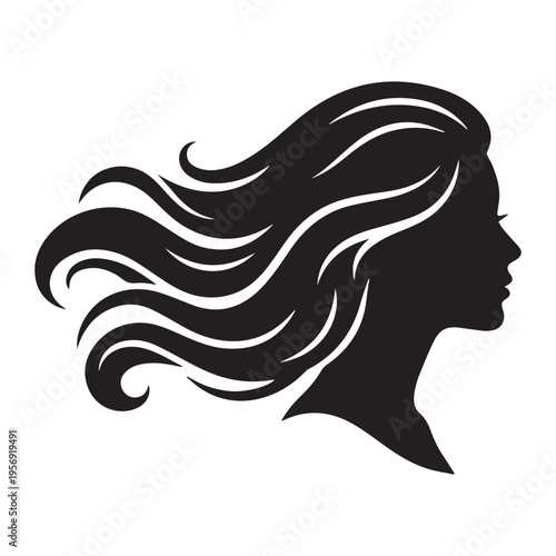 Woman head with flowing hair in side profile icon Silhouette vector black design on a white background