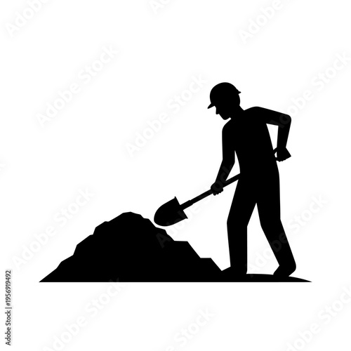 Construction worker digging a pile of dirt with a shovel, silhouette