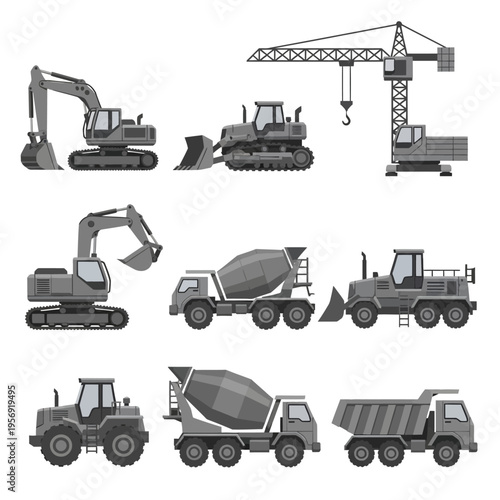 Construction Vehicles Set: Excavator, Bulldozer, Crane, Mixer, Dump Truck