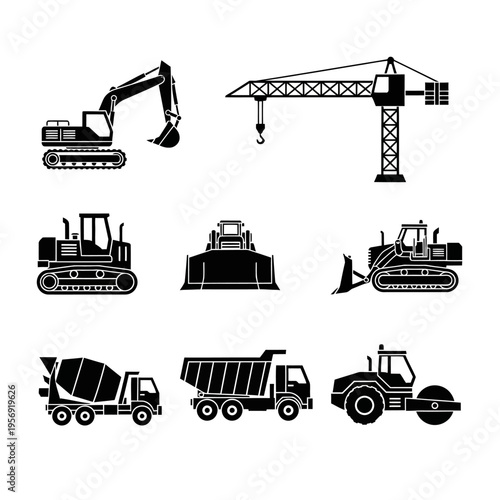 Construction Vehicles Set: Excavator, Crane, Bulldozer, Truck, Roller, Mixer