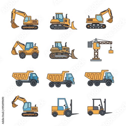 Construction vehicles set: excavators, bulldozers, dump trucks, crane, forklift