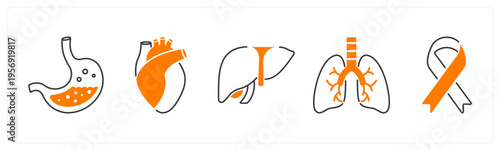 A set of 5 mix icons as stomach, heart, liver