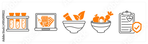 A set of 5 mix icons as test tubes, online pharmacy, ayurvedic medicine