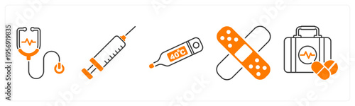 A set of 5 mix icons as stethoscope, injection, thermometer
