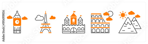 A set of 5 mix icons as clock tower, eiffel tower, fort