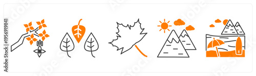 A set of 5 mix icons as tree, leaves, leaf