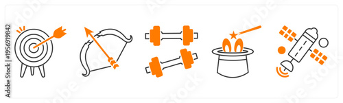A set of 5 mix icons as dartboard, archery, dumbell
