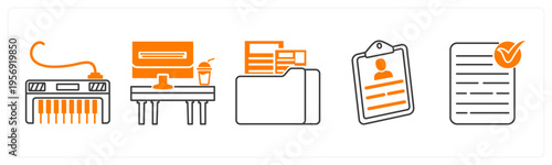 A set of 5 mix icons as piano, office table, folder