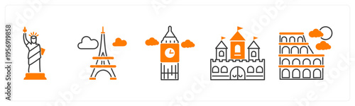 A set of 5 mix icons as statue of liberty, eiffel tower, clock tower