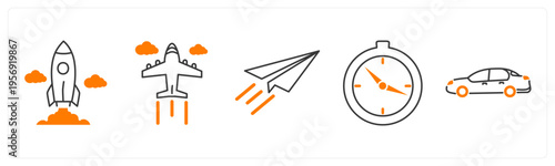 A set of 5 mix icons as startup, plane, paper plane