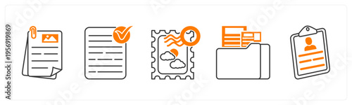 A set of 5 mix icons as document, approved document, portage stamp