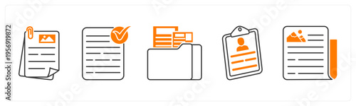 A set of 5 mix icons as document, approved document, folder