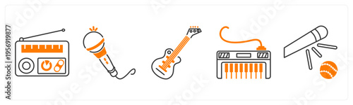 A set of 5 mix icons as radio, mic, guitar