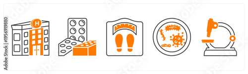 A set of 5 mix icons as hospital, medicine, weight machine