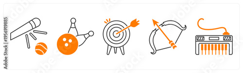 A set of 5 mix icons as baseball, bowling pin, dartboard