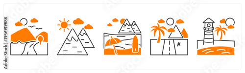 A set of 5 mix icons as nature, hills, beach