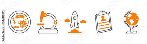 A set of 5 mix icons as virus, microscope, startup