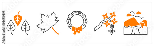 A set of 5 mix icons as leaves, leaf, christmas wreath