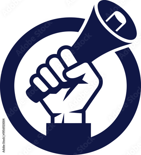 Hand holding a megaphone in a circle icon for communication and announcement purposes