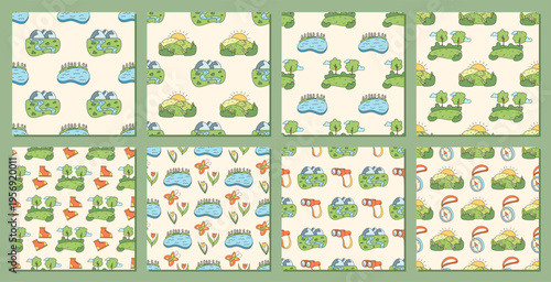 Seamless outdoor nature doodle pattern pack with mountain, forest and river in color style. Adventure camp design as lake and pack element for vibrant trip themes colorful hiking backgrounds.