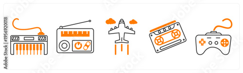 A set of 5 mix icons as piano, radio, plane