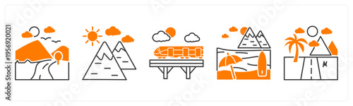 A set of 5 mix icons as nature, hills, bullet train