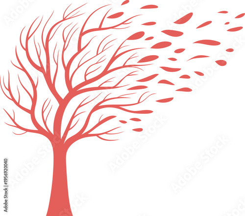 Red tree with bare branches and leaves falling off to the right side strongly  windy weather