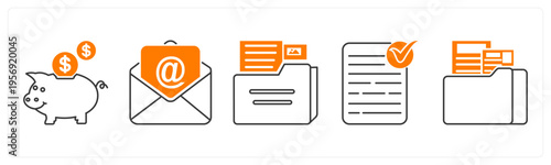 A set of 5 mix icons as piggy bank, email, folder