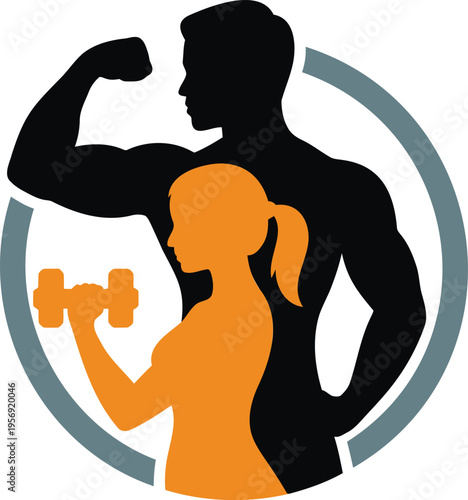 Man and woman exercising with dumbbells in fitness circle symbol