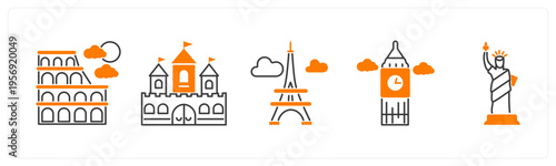A set of 5 mix icons as colosseum, fort, eiffel tower