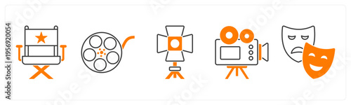 A set of 5 mix icons as director chair, movie reel, spotlight