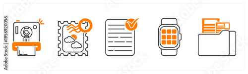 A set of 5 mix icons as instant camera, postage stamp, approved document