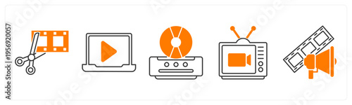 A set of 5 mix icons as movie editing, online video, cd player