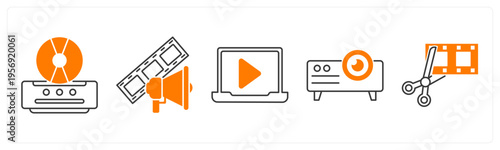 A set of 5 mix icons as cd player, film advertisement, online video