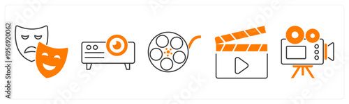 A set of 5 mix icons as theatre, projector, movie reel