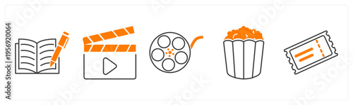 A set of 5 mix icons as script writing, clapper board, movie reel