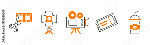 A set of 5 mix icons as movie editing, spotlight, video camera